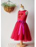Red Satin Tulle Knee Length Flower Girl Dress With Handmade Rose